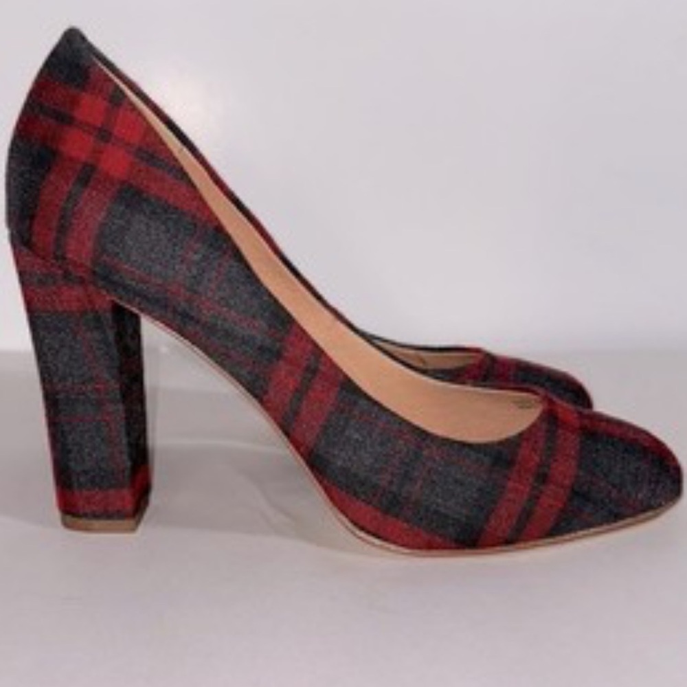 J. Crew Factory Womens Red Black Tartan Plaid Block Heel Pumps Size 8